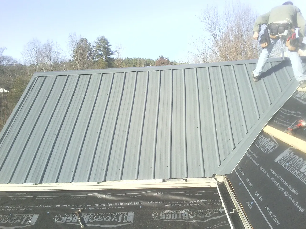 Crew installing dark green standing seam panels over synthetic underlayment in Ripley